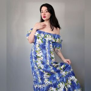 Off-Shoulder Blue Floral Maxi Dress